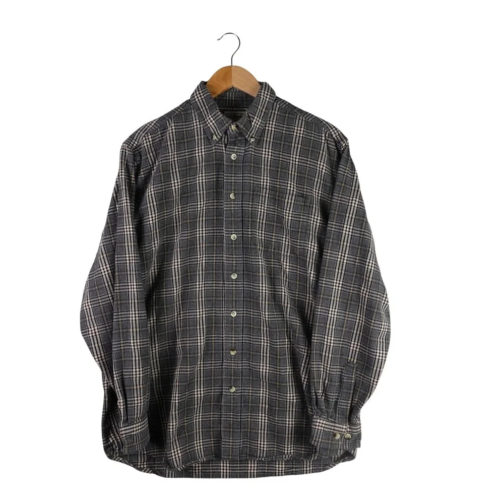 LL Bean Mens Large Tall Flannel Shirt Grey Plaid Cotton Button Down Outdoor Soft